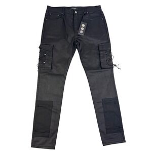 Serenede Mens Black Cargo Pants Bungee Detail Slim Fit Streetwear Size‎ 40 NWT